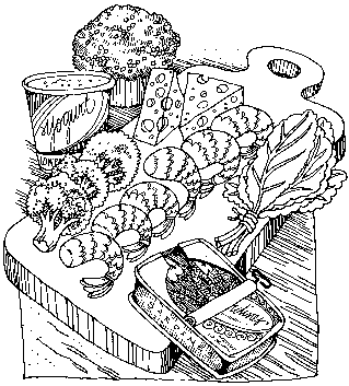 picture of food containing calcium - sardine can, cheese, yogurt,milk, broccoli, muffin