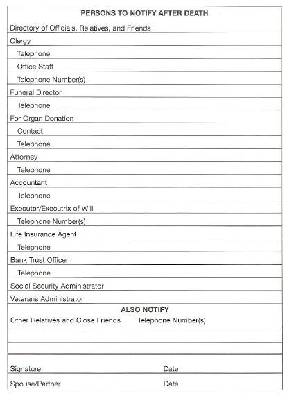 Persons to Notify after Death Form